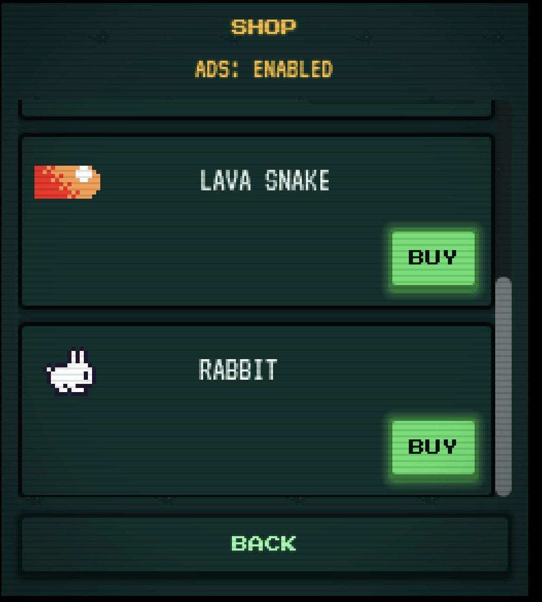 Skin shop screen listing unlockable cosmetic snake skins including Classic Snake and Lava Snake