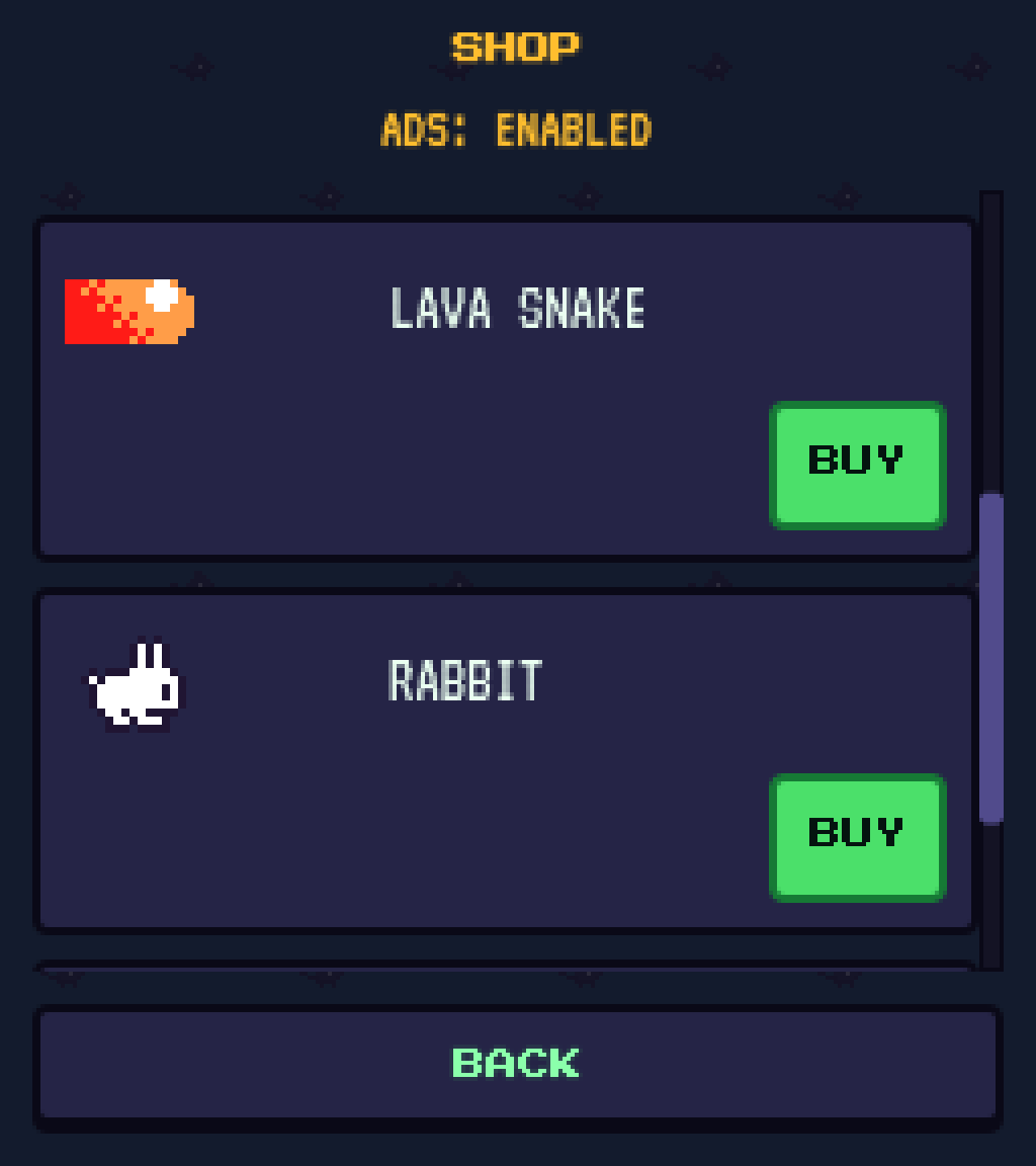 Skin shop screen listing unlockable cosmetic snake skins including Classic Snake and Lava Snake