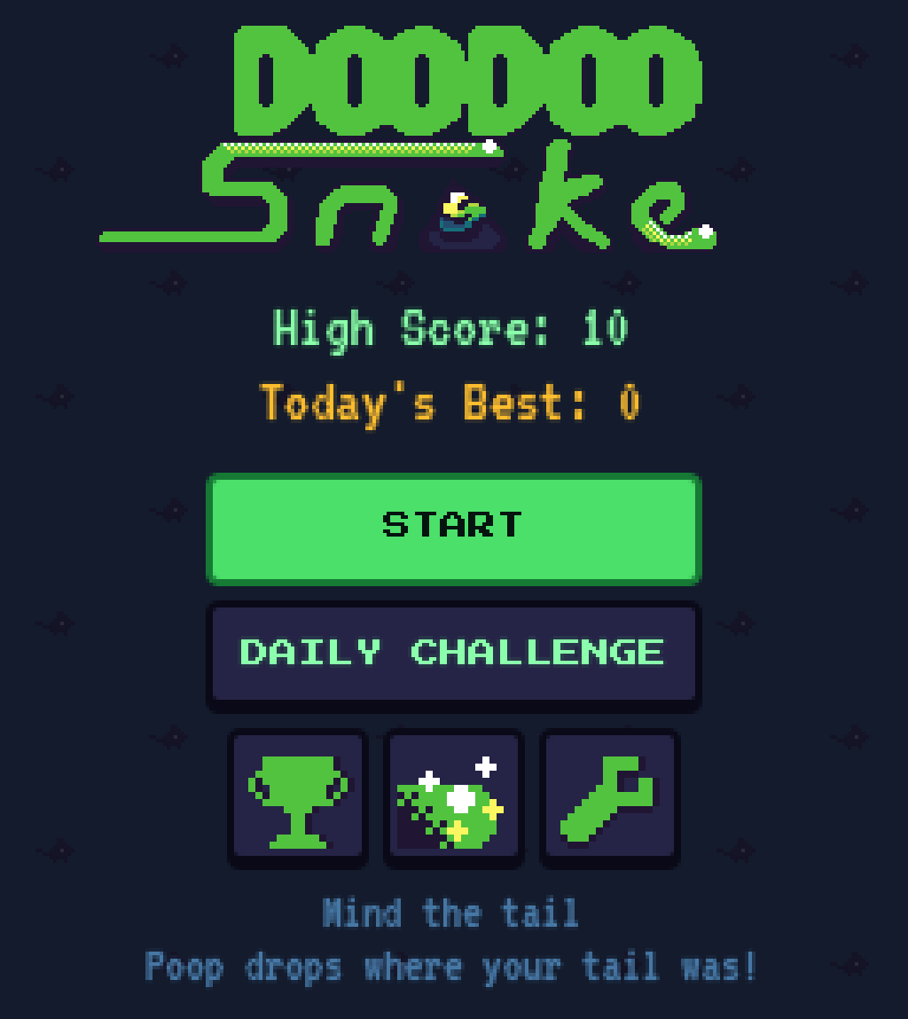 Doo Doo Snake title screen showing the game logo, high score, and Start / Daily Challenge buttons